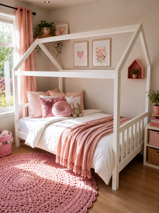 Children's bedroom with a white house-shaped bed, pink bedding, and decor.
