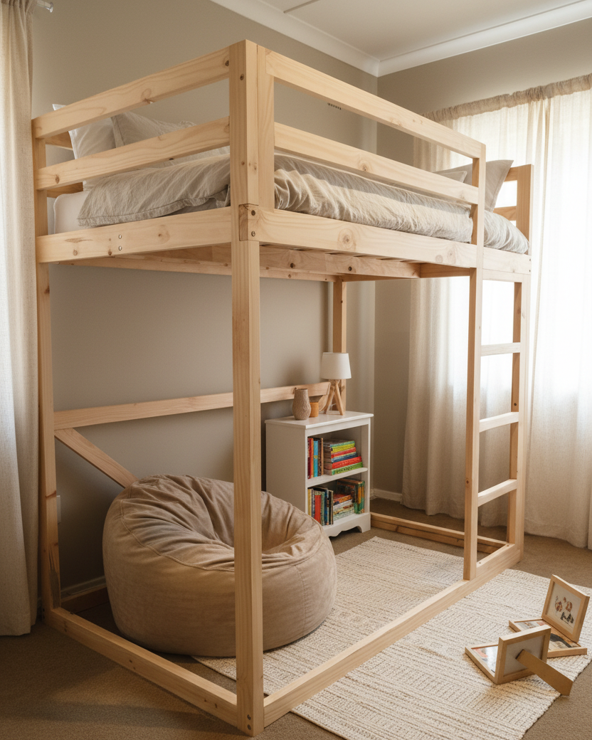 Wooden bunk bed in a room with a bean bag chair and books on a shelf.