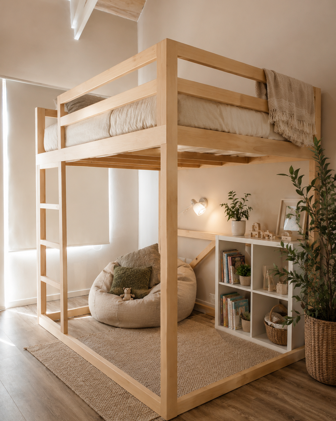 Ectra high Wooden bunk bed in a room with a rug, bean bag, and bookshelf.