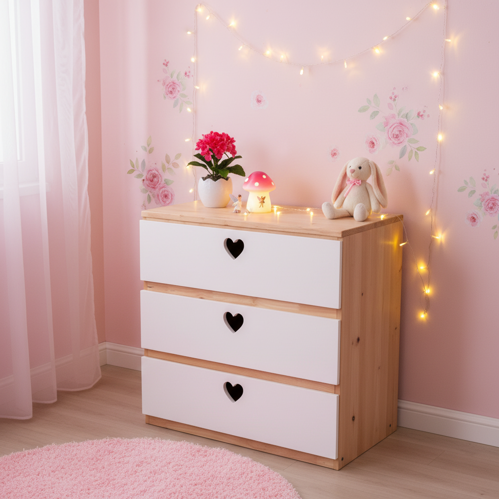 Chest of drawers in girls room with hearts