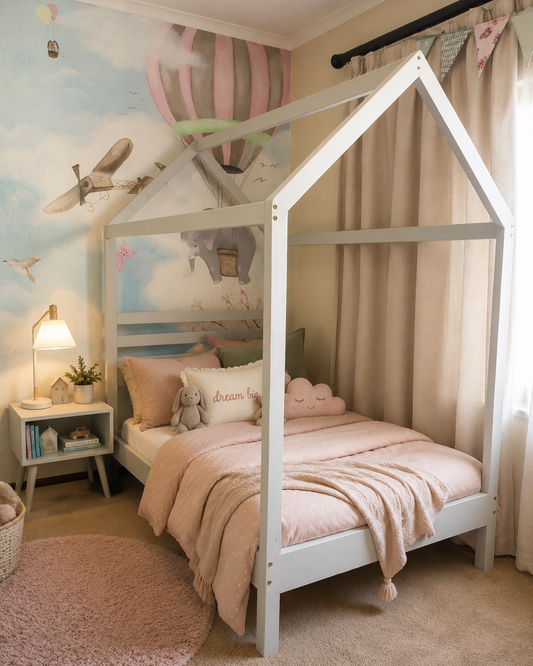 Children's bedroom with a white house-shaped bed, pink bedding, and colorful wall art.