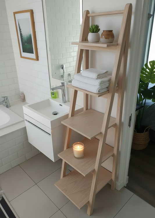 Wooden ladder shelf in a bathroom with towels and a candle on the shelves.