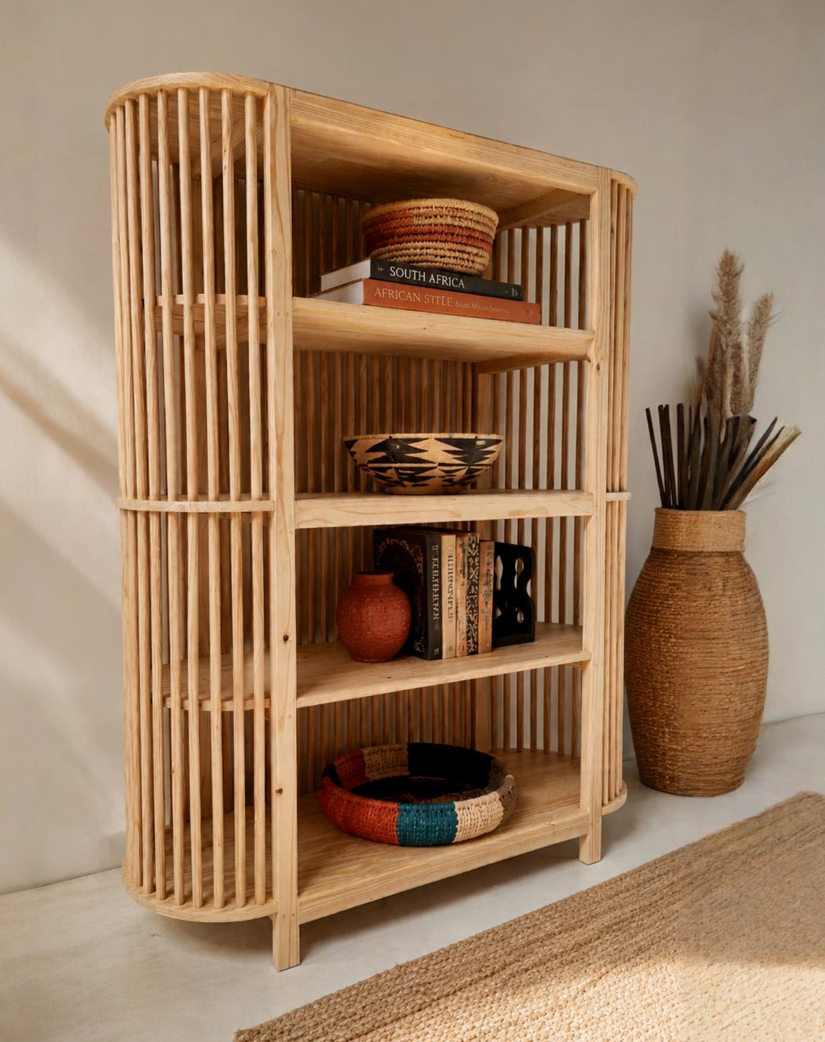 Wooden bookshelf with decorative items against a neutral wall