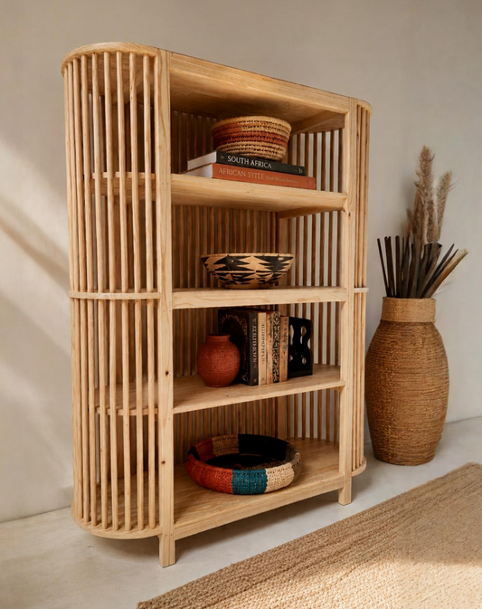 Wooden bookshelf with decorative items against a neutral wall