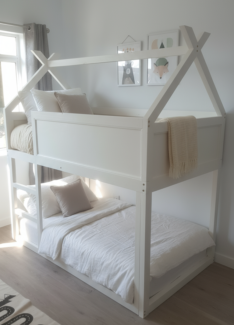 White children's bunk bed in a room with light wood flooring and a rug.