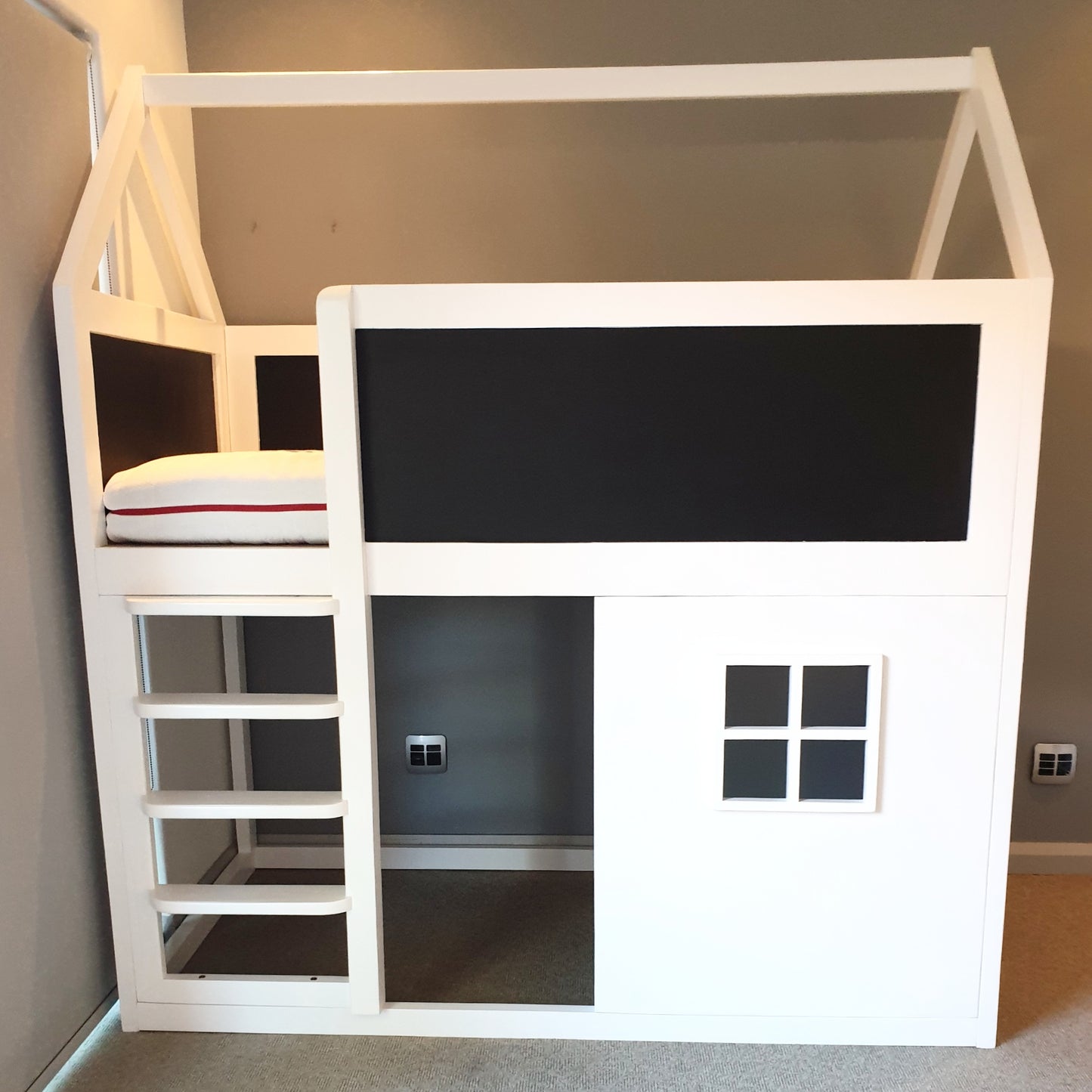 House Top Bunk Bed with Window and Chalkboard Panels -