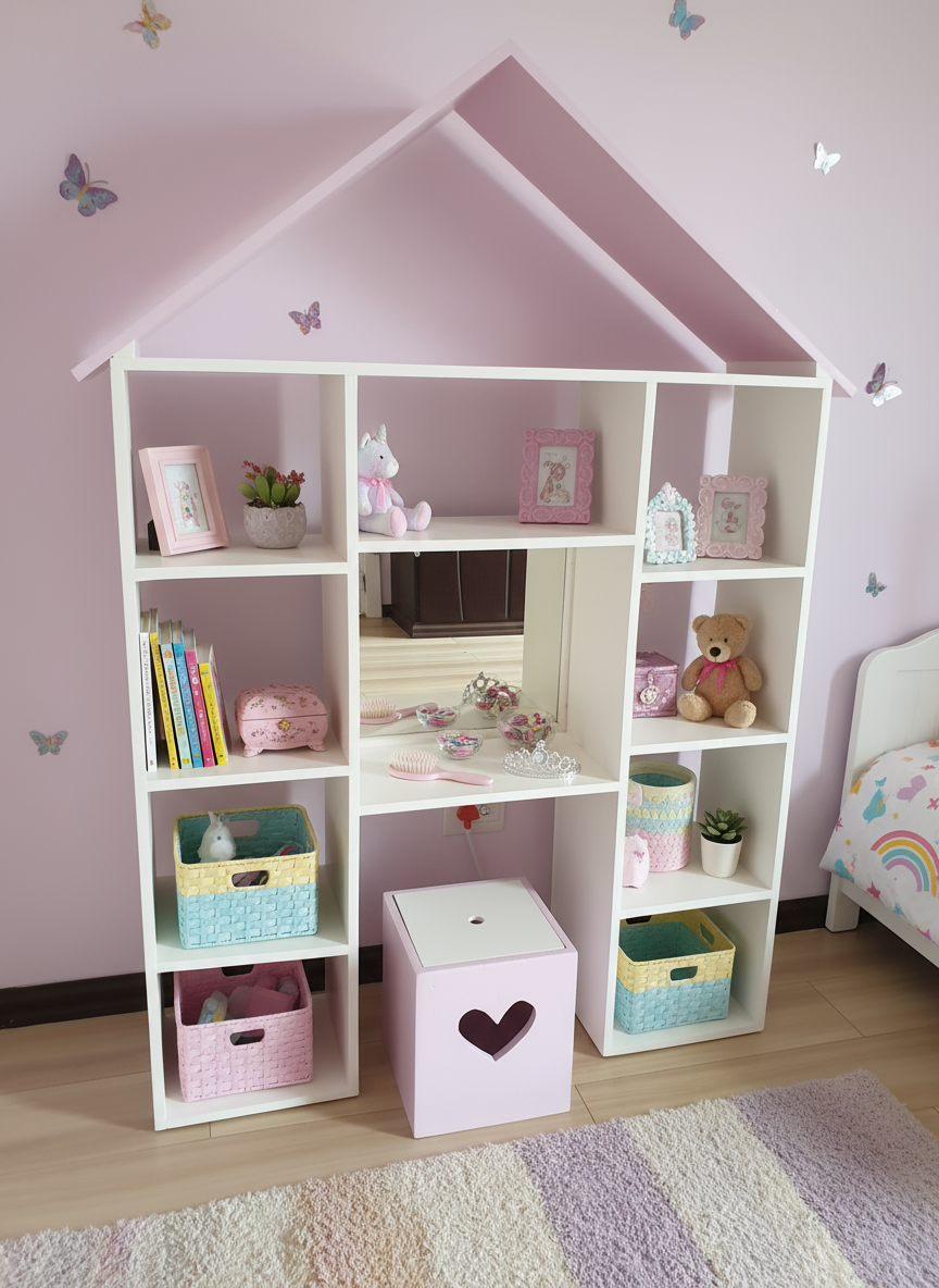 Dressing table shaped as house in baby pink in a girls room