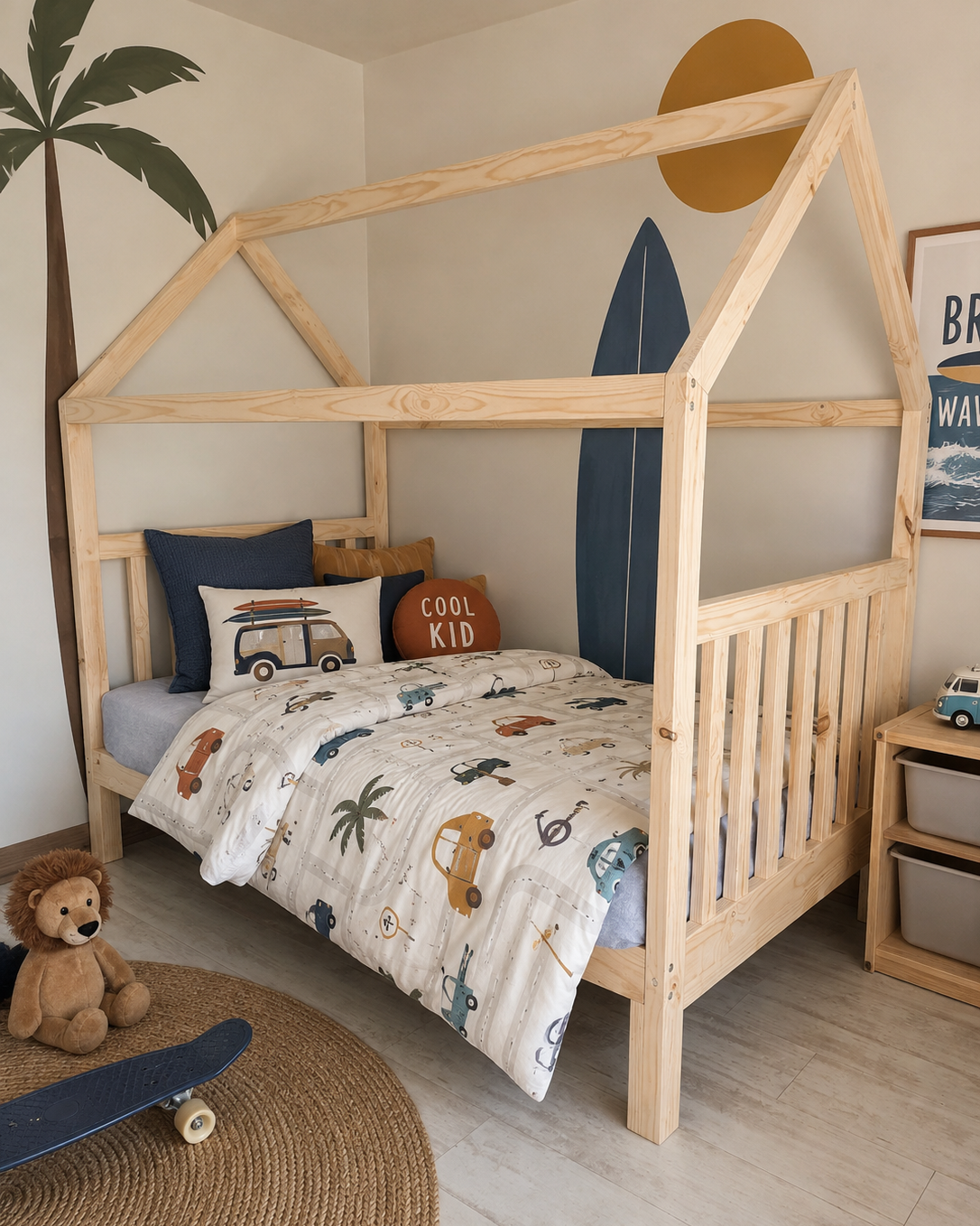 Children's room with a wooden house-shaped bed, colorful bedding, and toys.