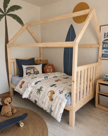 Children's room with a wooden house-shaped bed, colorful bedding, and toys.