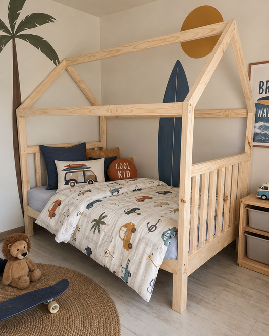 Children's room with a wooden house-shaped bed, colorful bedding, and toys.