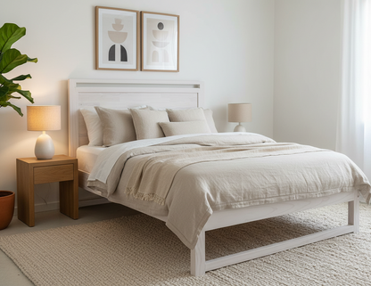 Neatly made bed in a bedroom with white walls, nightstands, and lamps.