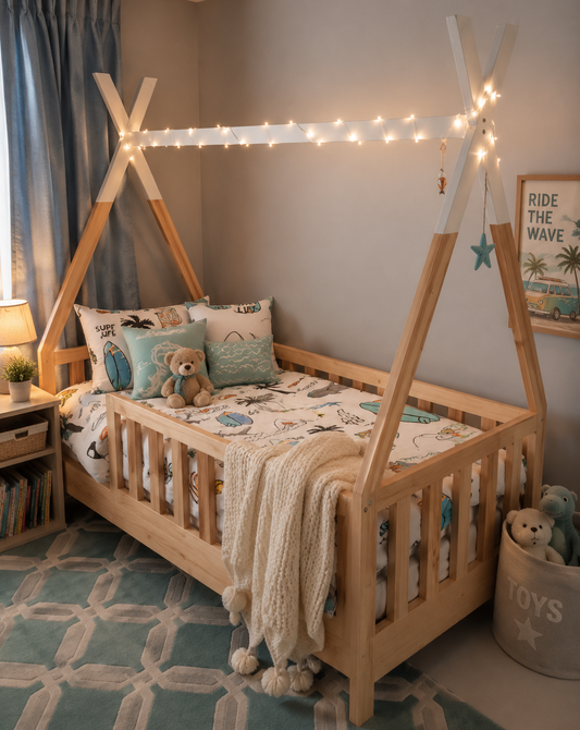 Children's bedroom with a wooden bed, toys, and decorative elements.