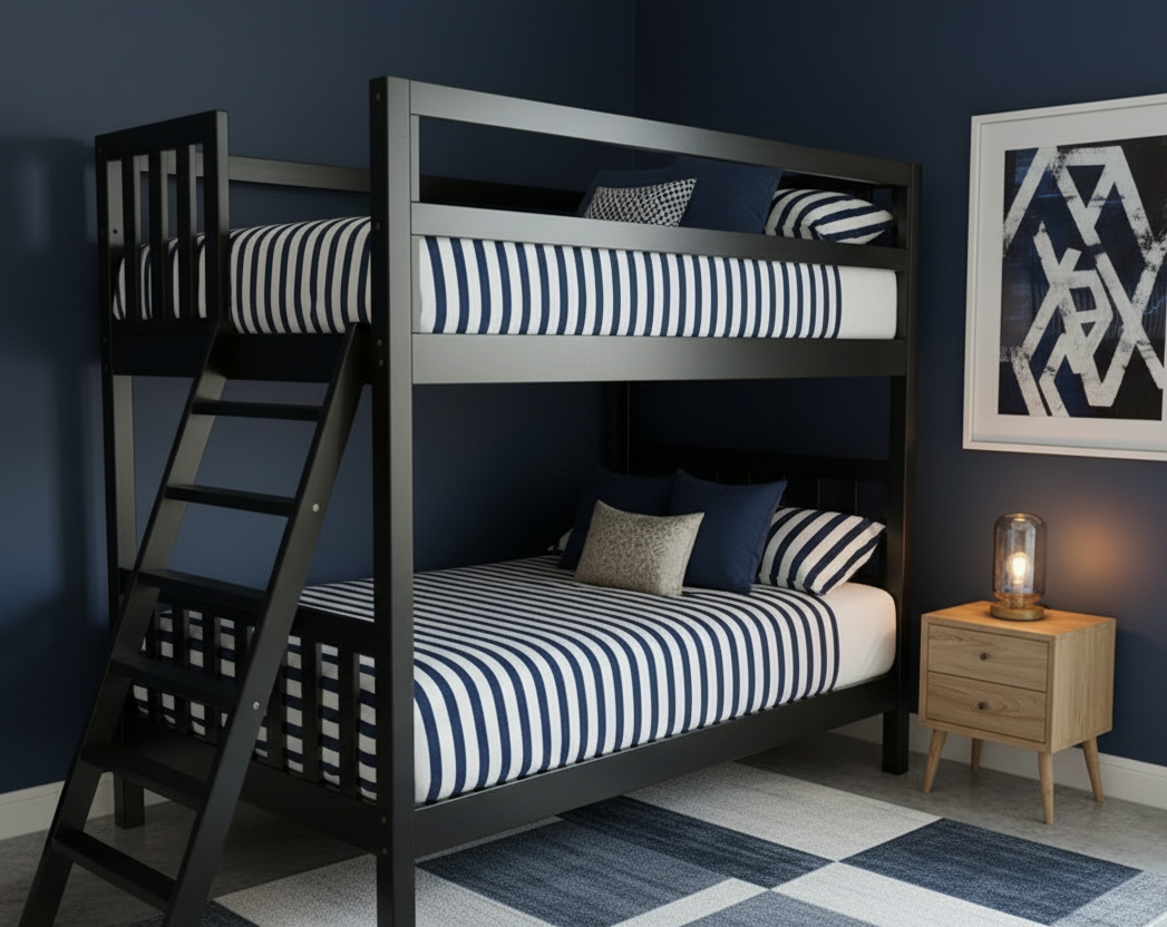 White bunk bed in a room with pink walls, floral rug, and decorative items.