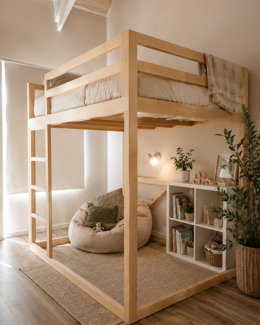 Ectra high Wooden bunk bed in a room with a rug, bean bag, and bookshelf.