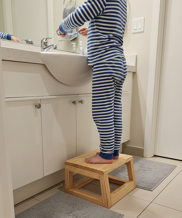 Boy brushing teeth on helping stool