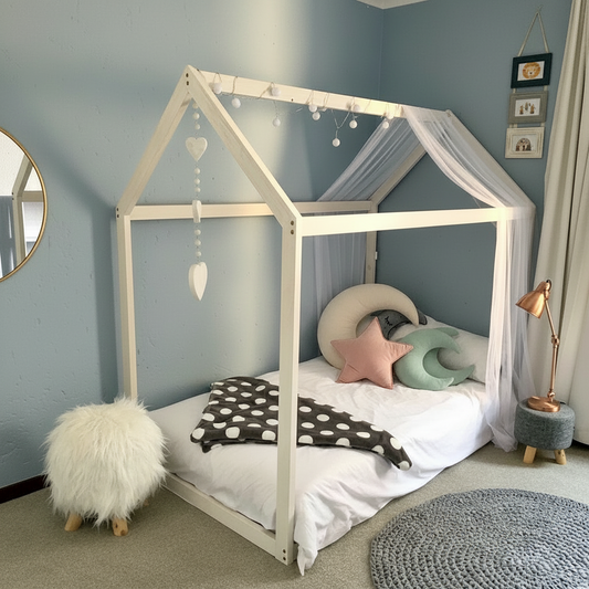 Children's bedroom with a house-shaped bed, polka dot blanket, and decorative pillows.