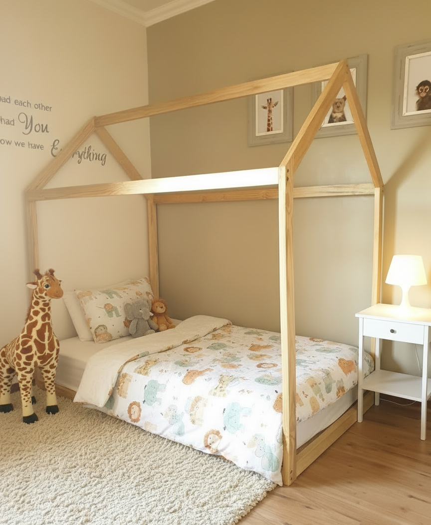 Children's bedroom with a wooden house-shaped bed, stuffed giraffe, and nightstand.