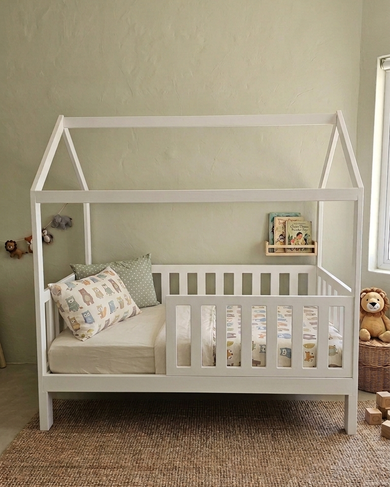 White crib with cushions and a teddy bear in a room with a green wall and wooden floor.
