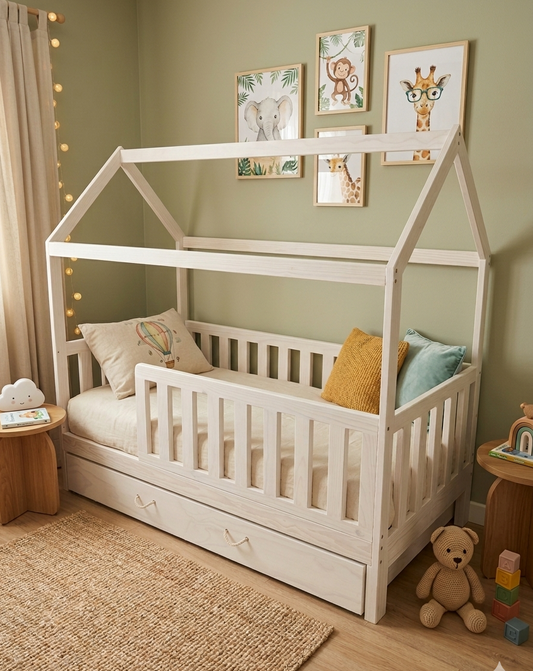 Children's room with a white house-shaped bed, toys, and framed pictures on the wall.