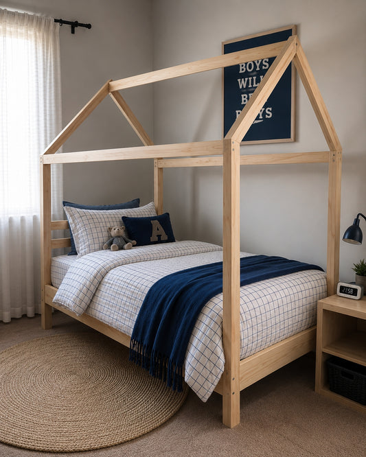 Wooden children's bed with bedding in a bedroom setting