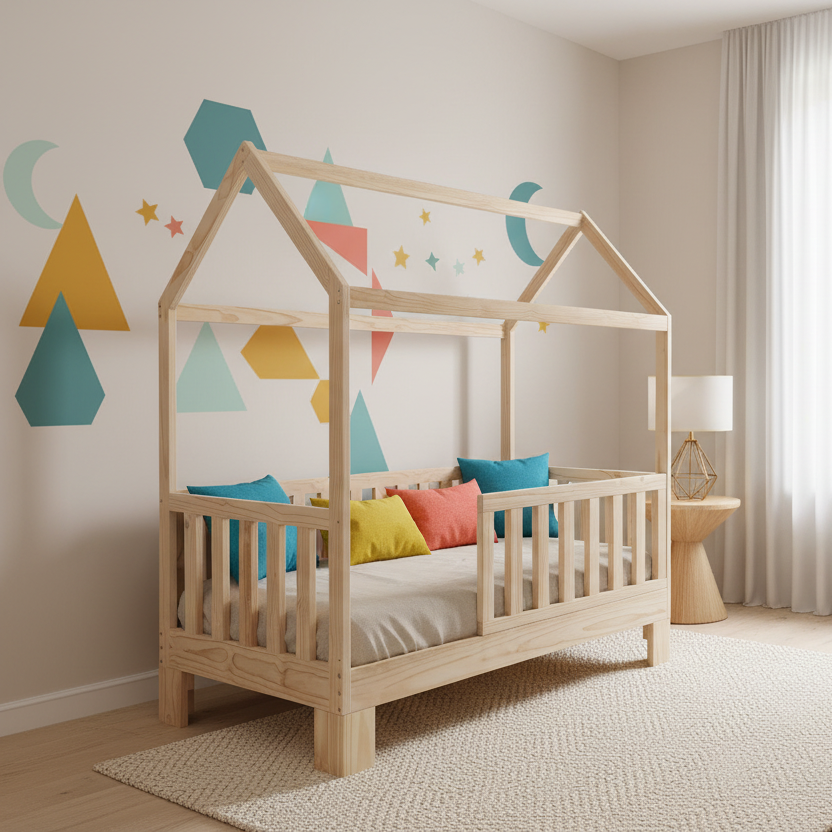Children's room with a wooden house-shaped bed, colorful pillows, and geometric wall art.