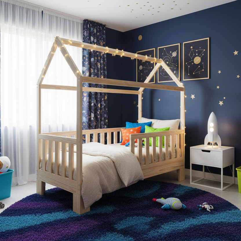 Children's bedroom with a wooden house-shaped bed, colorful pillows, and toys on a blue rug.