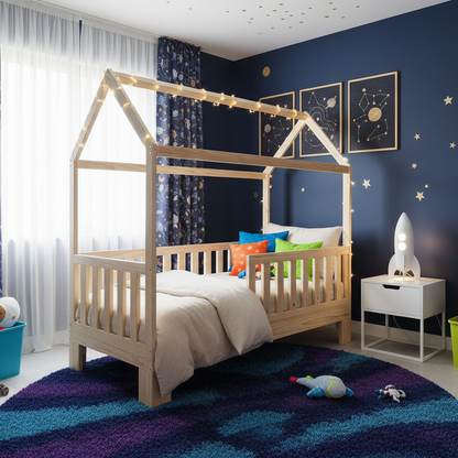 Children's bedroom with a wooden house-shaped bed, colorful pillows, and toys on a blue rug.