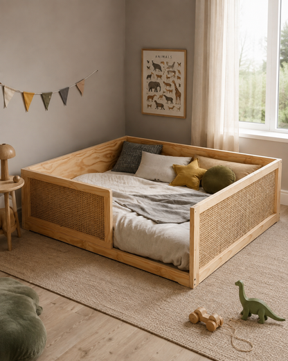 A natural wood children's bed with woven cane side panels, styled in a cozy nursery with a gray rug, toys, and a window.