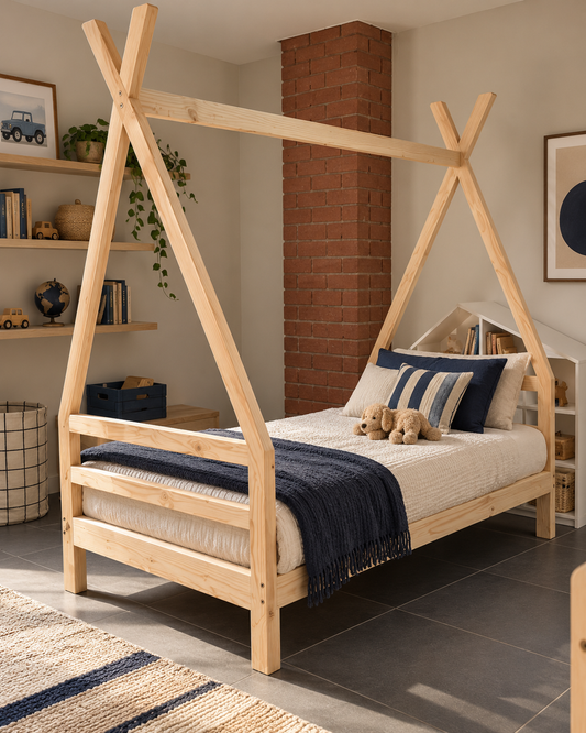 A light natural wood teepee-style children's bed frame with a single mattress, styled with blue pillows, a navy throw blanket, and two teddy bears, set in a child's bedroom with a brick column and shelves.