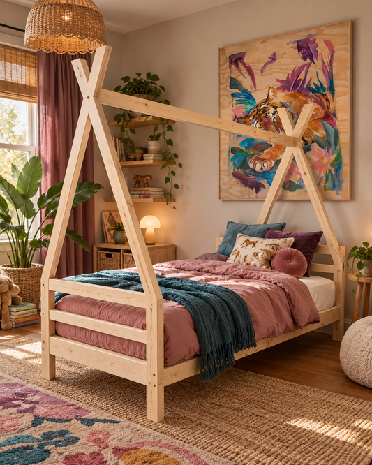 A natural light wood A-frame toddler bed styled in a cozy, bohemian-themed bedroom with pink bedding, colorful pillows, a patterned rug, and a vibrant abstract painting on the wall.
