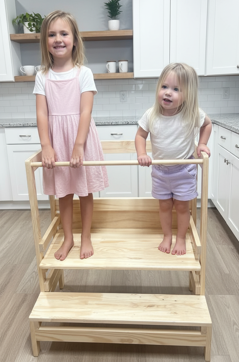Two children standing on a wooden step stool in a kitchen.
