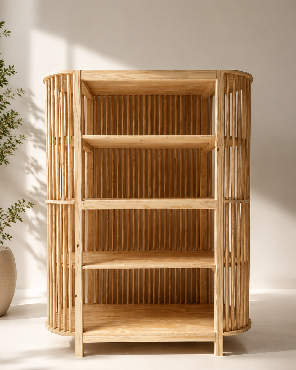 Wooden bookshelf with a plant on a light background