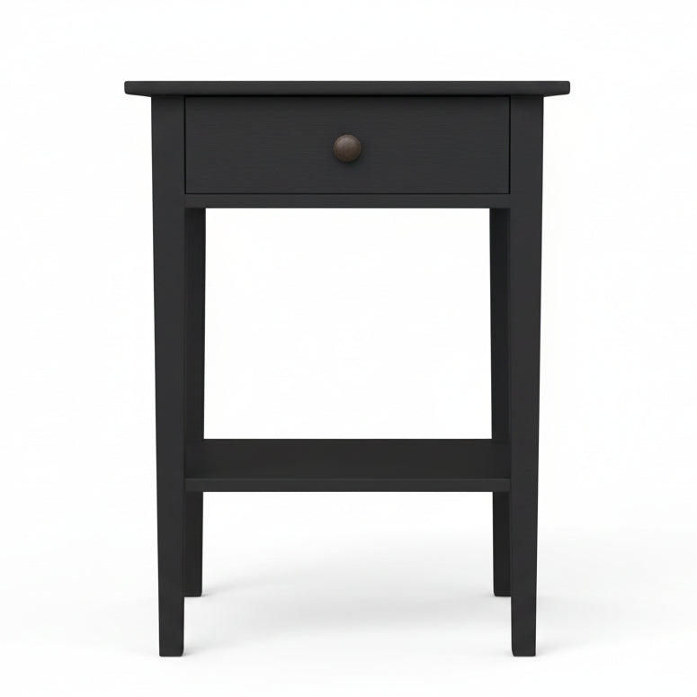 Black side table with a drawer on a white background
