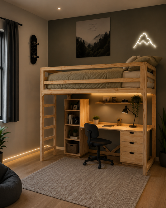 Modern bedroom with a loft bed, desk, and decor elements.