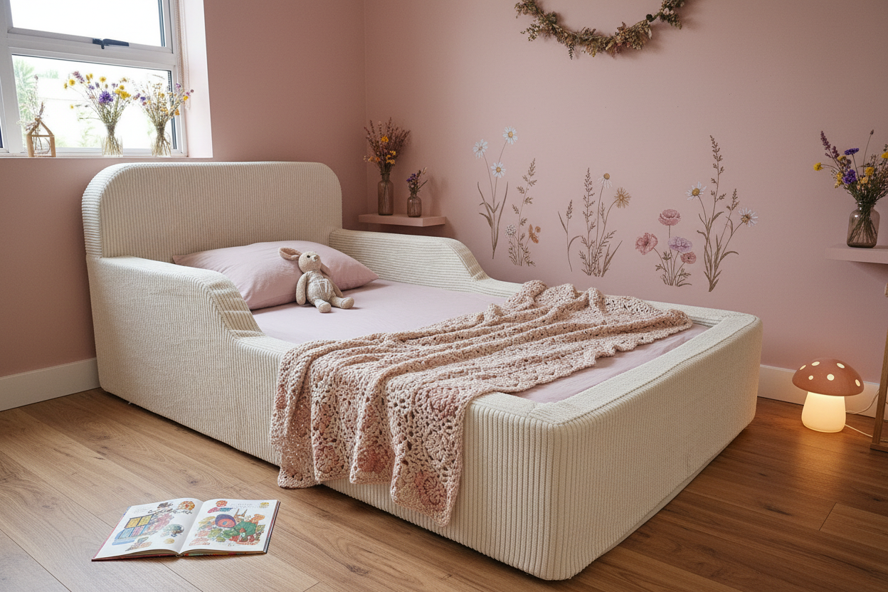 Children's room with a bed, toys, and decorative elements on a wooden floor.