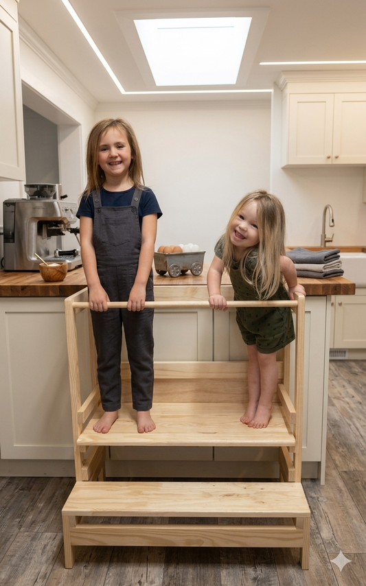 Two children standing on a wooden step stool in a kitchen.