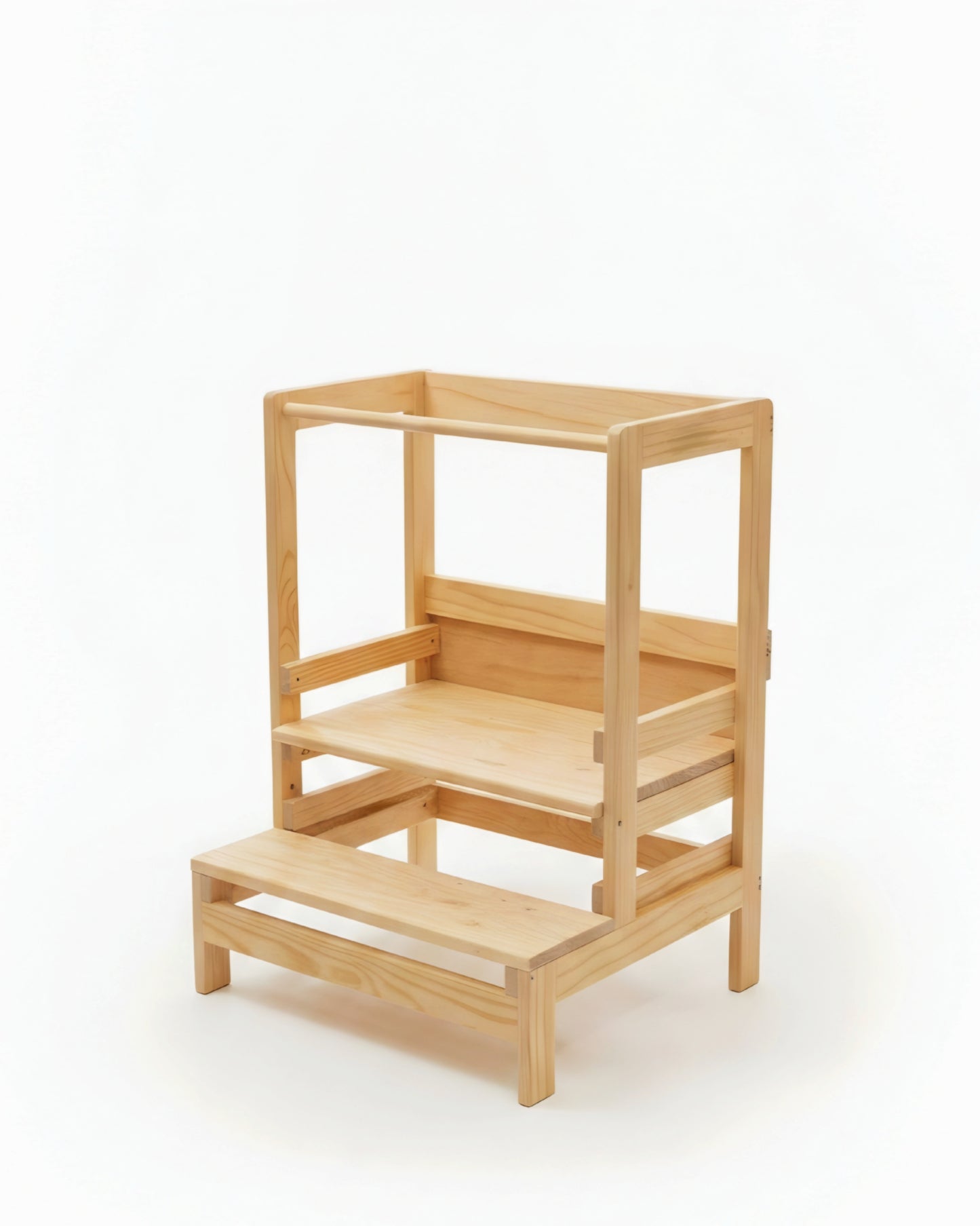 A light natural wood step stool with three steps and open side panels, photographed on a clean white studio background.