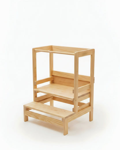 A light natural wood step stool with three steps and open side panels, photographed on a clean white studio background.