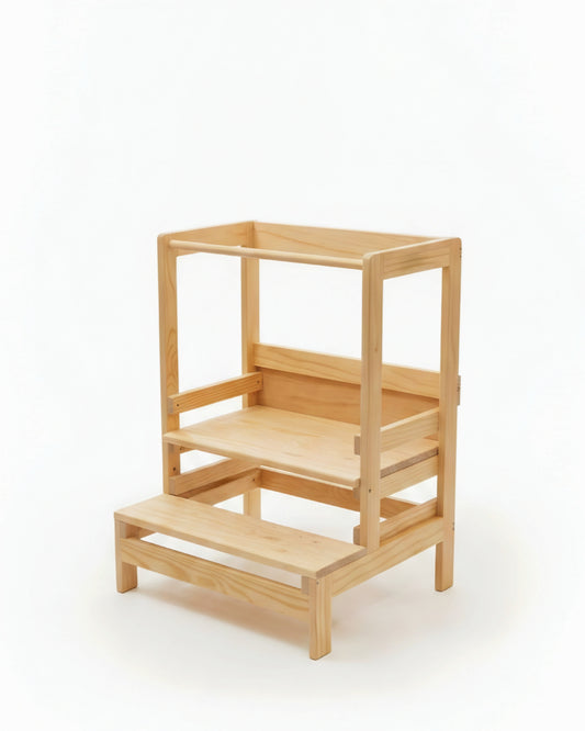 A light natural wood step stool with three steps and open side panels, photographed on a clean white studio background.