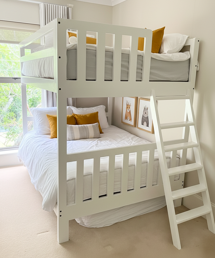 White bunk bed with a ladder in a room with large windows and decorative pillows.