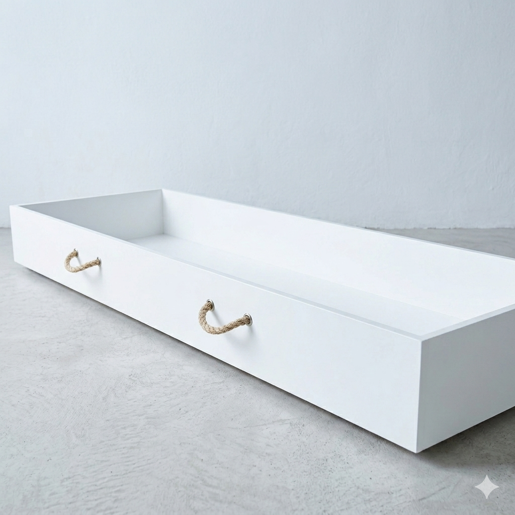 White rectangular drawer for underneath bed with handles on a light gray surface and background