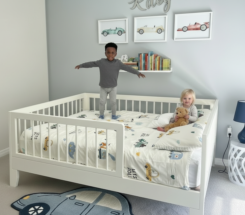Children playing in a crib with toys in a room with a bookshelf and lamp.
