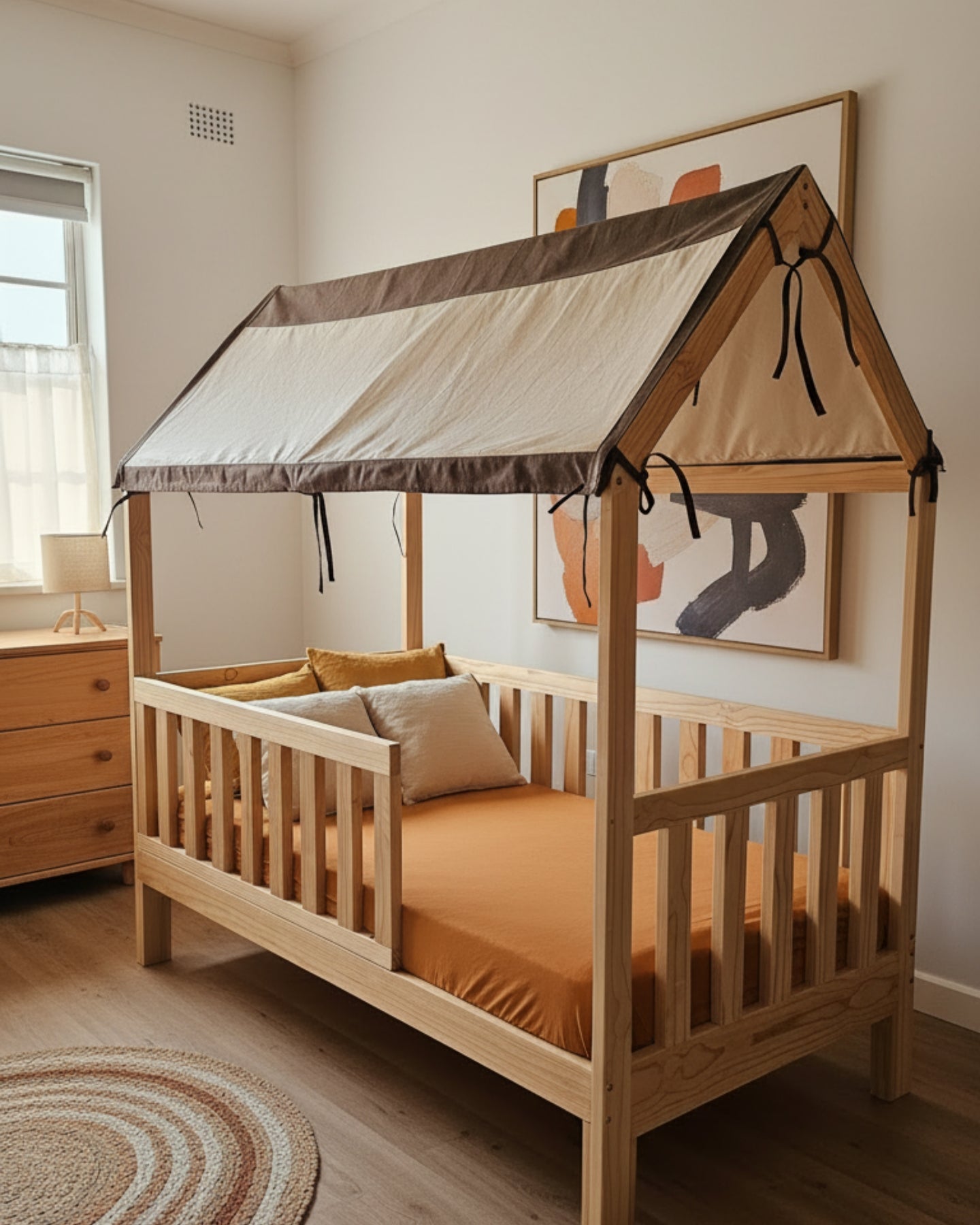 Wooden crib with a canopy in a room with a dresser and framed artwork.
