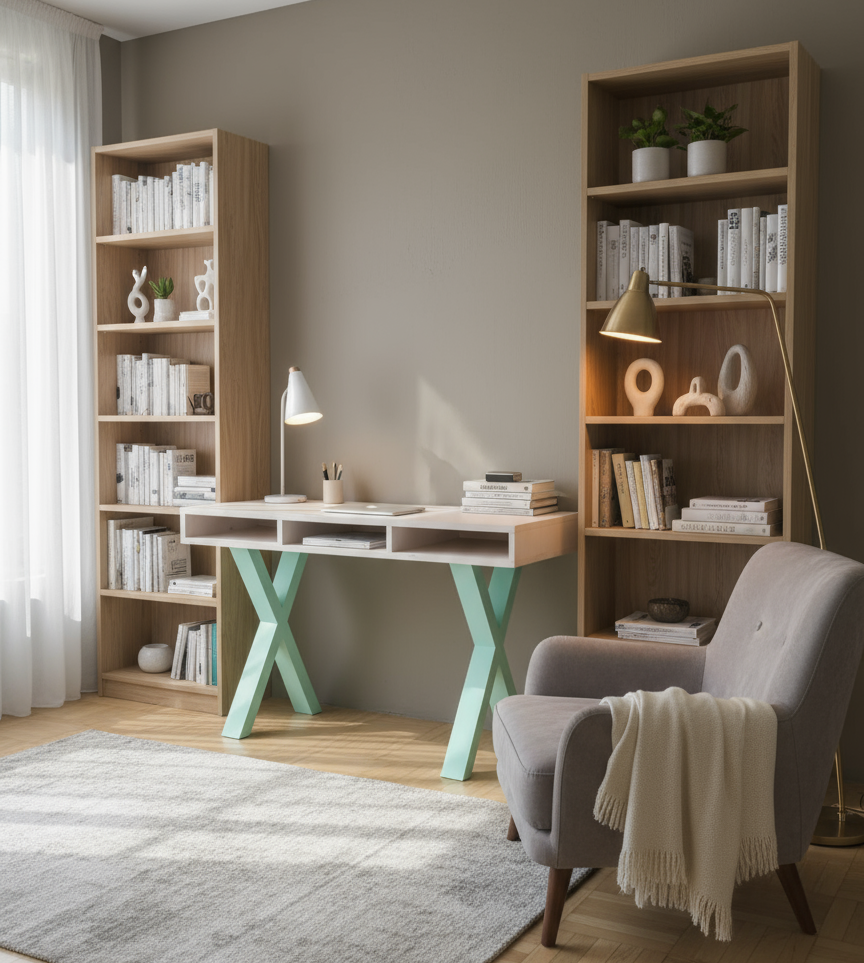 Modern home office with wooden bookshelves, desk, and chair.