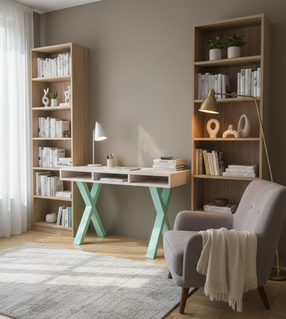 Modern home office with wooden bookshelves, desk, and chair.