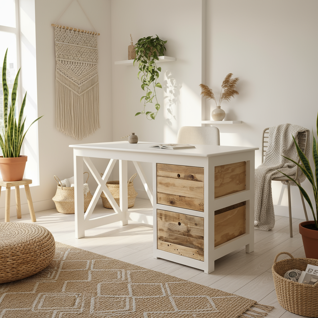 Wooden desk with drawers in a bright room with plants and decor
