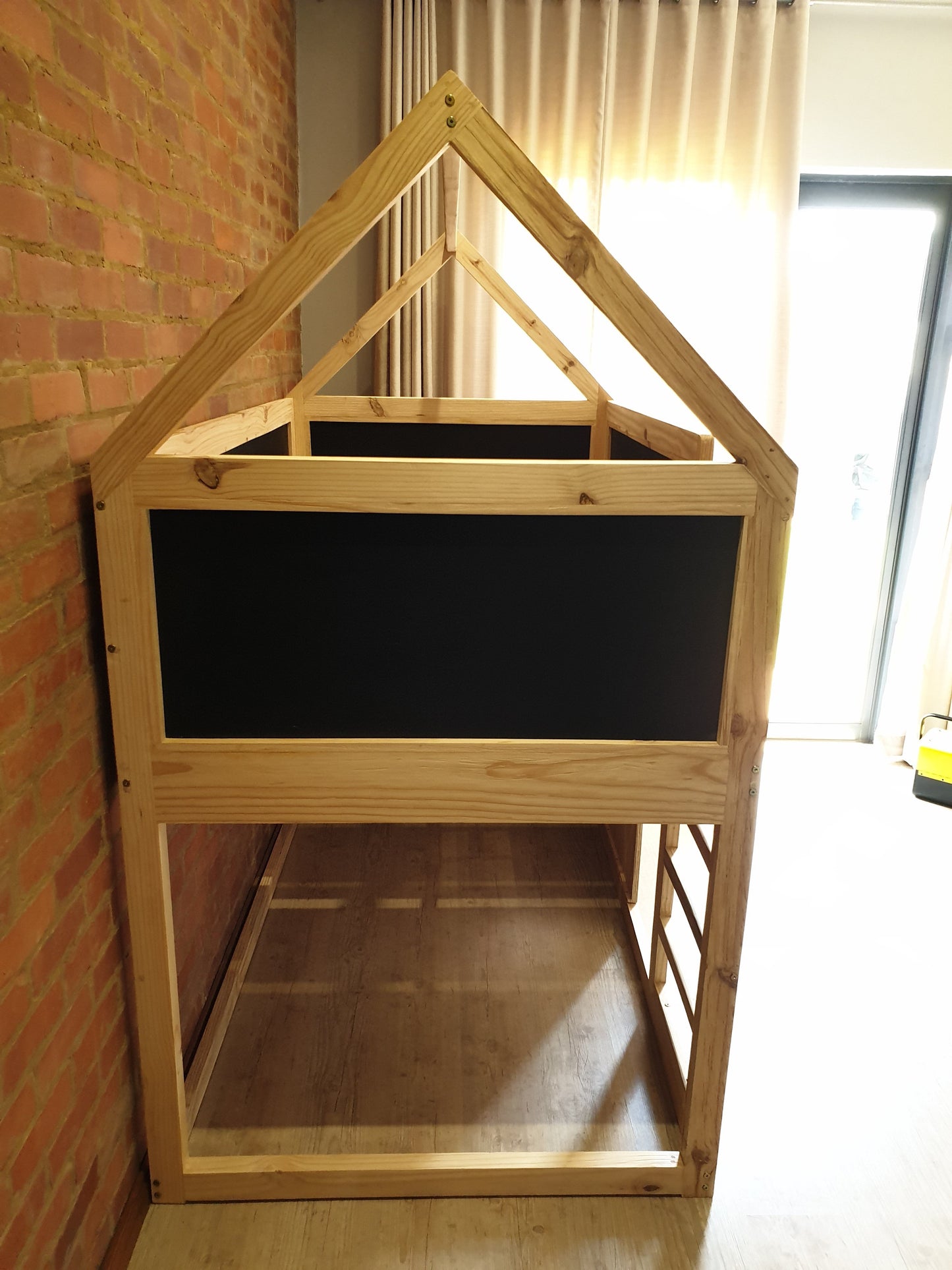 House Top Bunk Bed with Window and Chalkboard Panels -
