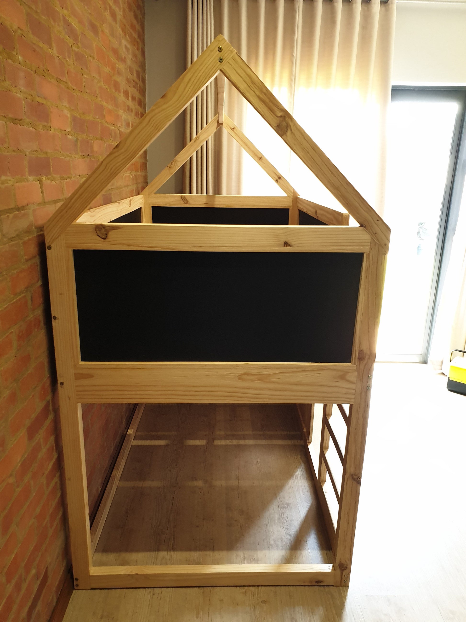 House Top Bunk Bed with Window and Chalkboard Panels -