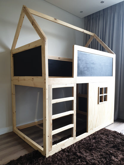House Top Bunk Bed with Window and Chalkboard Panels -