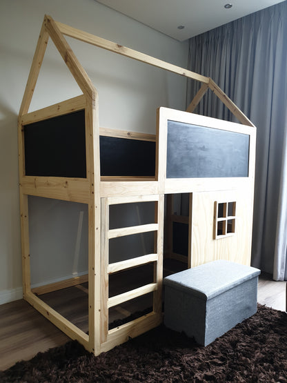 House Top Bunk Bed with Window and Chalkboard Panels -